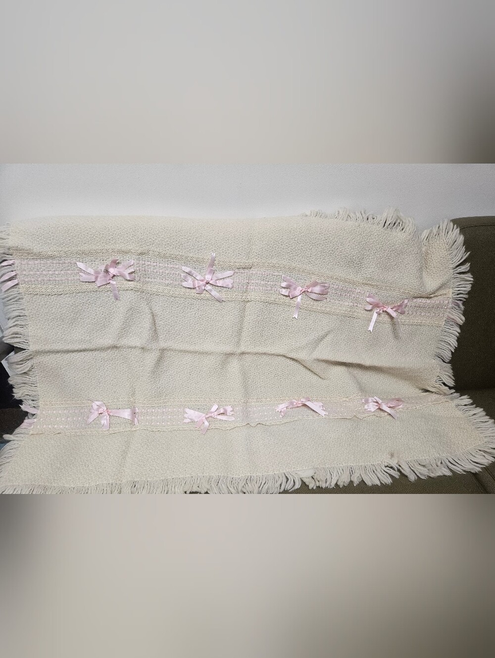 Vtg Branigan Weavers Ireland Ivory Pink Baby/crib Blanket - 46x32